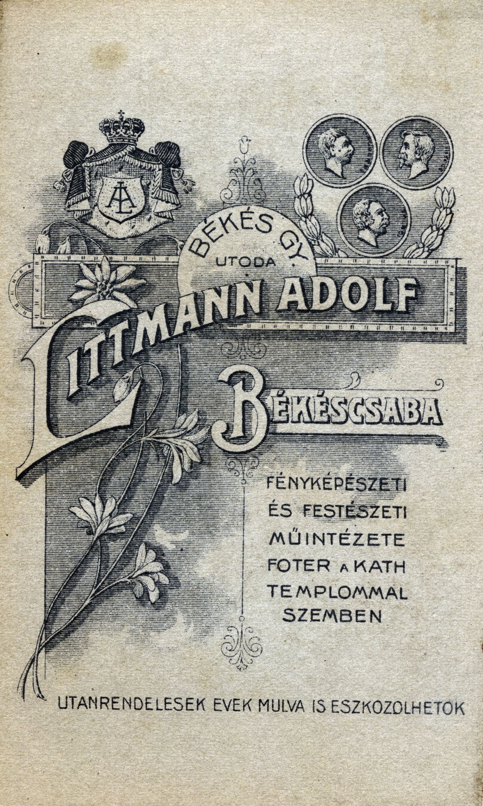 Magyarország, Békéscsaba, Főtér a katolikus templommal szemben, Békés Gyula utóda Littmann Adolf fényképészeti és festészeti műintézete., 1910, Ungvári György, műterem, fényképész, hátlap, Fortepan #159188