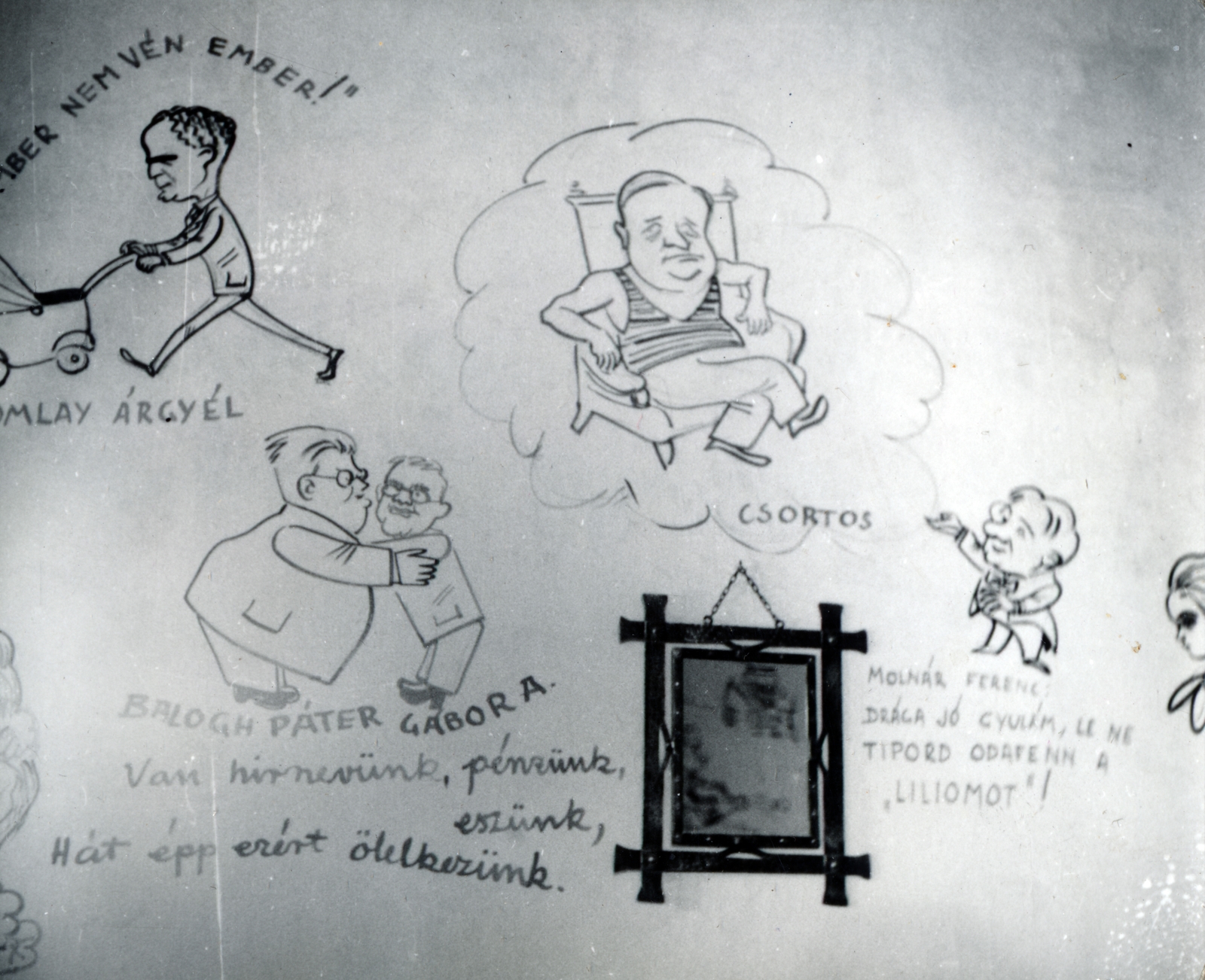 Hungary, Budapest V., Szabadság tér 13., Mensa Britannica Irodalmi szalon., 1946, Lugosi Szilvia, Budapest, wall, humour, caricature, actor, Fortepan #159316