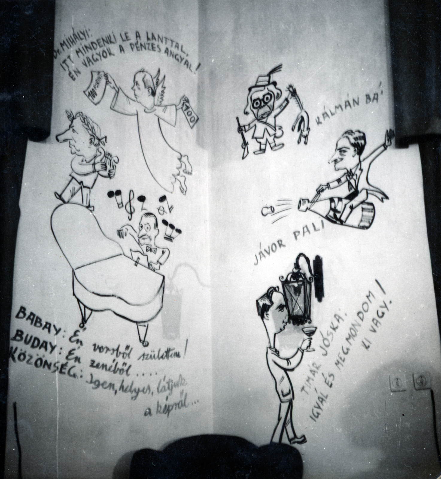 Hungary, Budapest V., Szabadság tér 13., Mensa Britannica Irodalmi szalon., 1946, Lugosi Szilvia, Budapest, wall, caricature, actor, Fortepan #159317