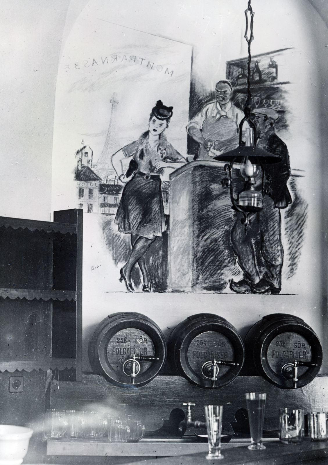 Hungary, Budapest VI., Oktogon 3., Montparnasse söröző. A falon Biai Föglein István festőművész rajza., 1946, Lugosi Szilvia, Budapest, wall, genre painting, fresco, Fortepan #159318
