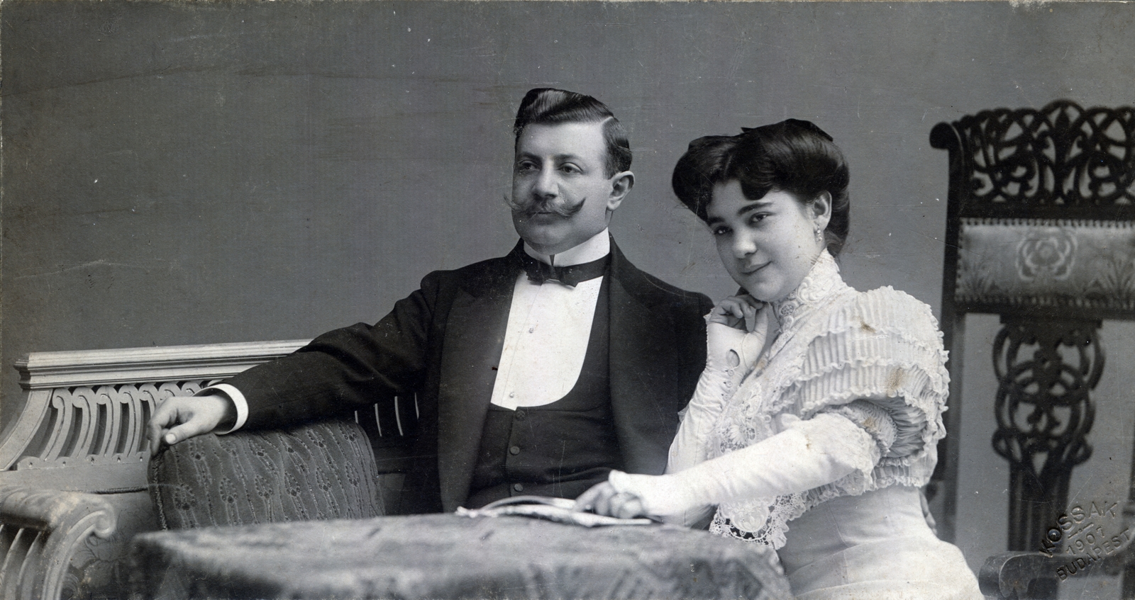 1900, Lugosi Szilvia, moustache, man and woman, studio, chair, Fortepan #159552