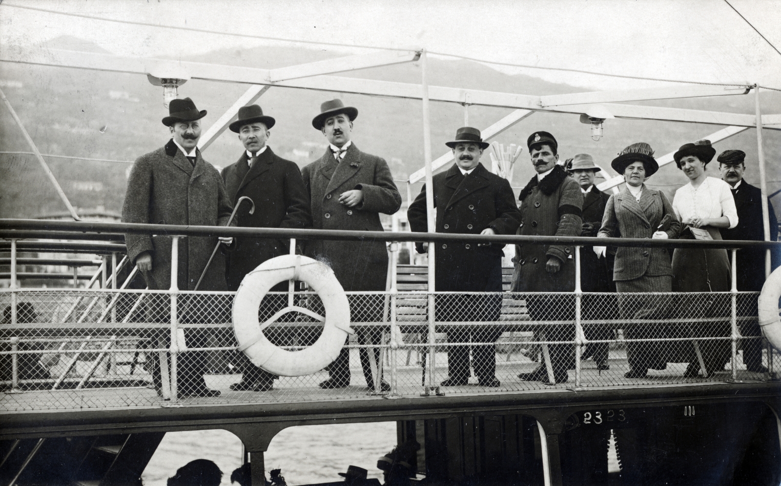 1913, Breuer Pál, hat, ship, uniform, tableau, moustache, port, water, lady, Fortepan #159883