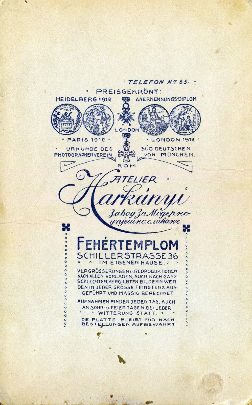 Szerbia, Fehértemplom, Harkányi fényképész műterme., 1915, Breuer Pál, műterem, hátlap, fényképész, Fortepan #159923