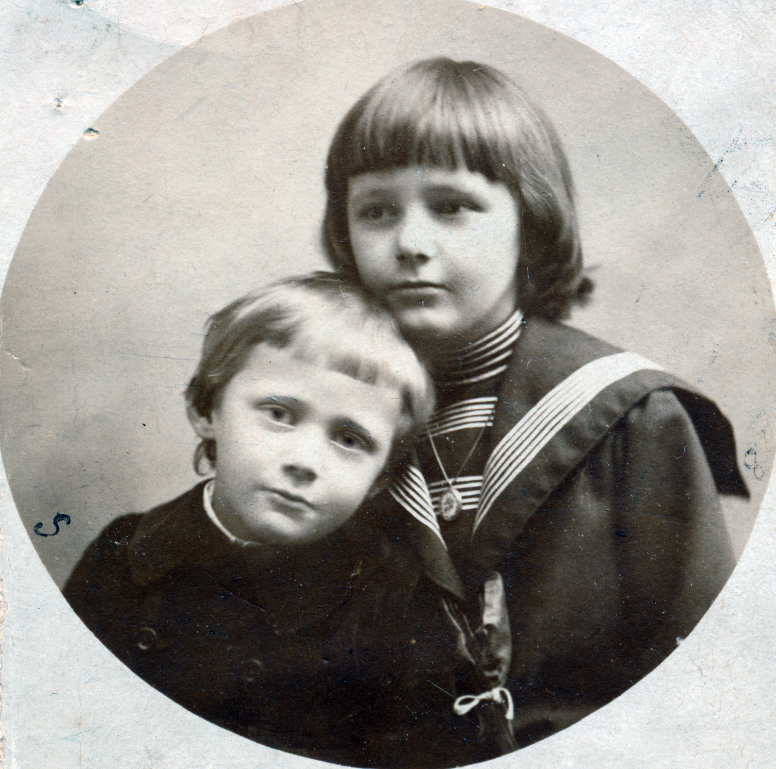 1917, Lehoczky Feodóra, double portrait, kids, sailor blouse, Fortepan #159970