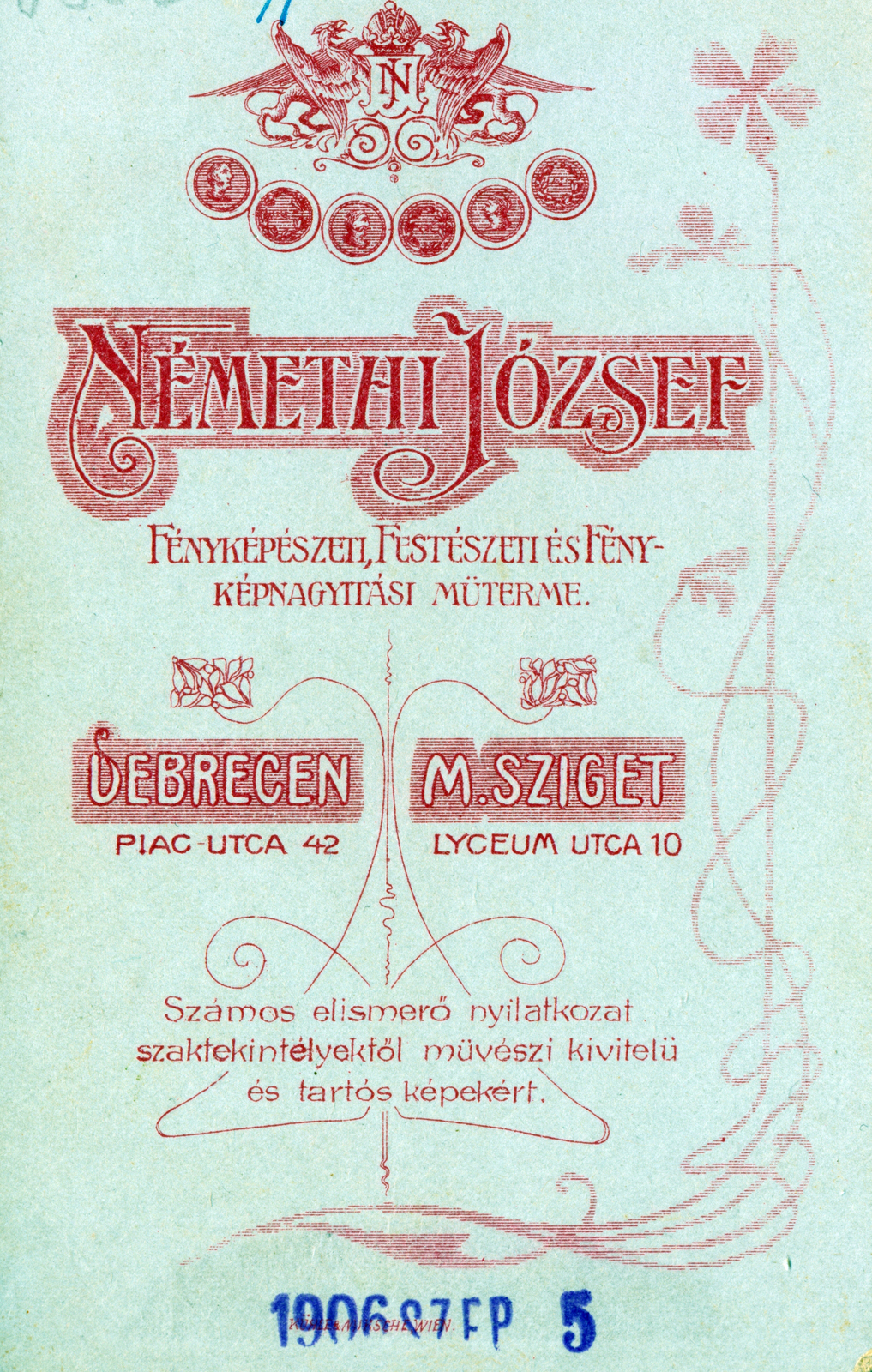 Hungary,Romania,Transylvania, Debrecen,Sighetu Marmației, Piac utca 42. / Lyceum utca 10., Némethi József fényképészeti, festészeti és fényképnagyítási műtermei., 1906, Lehoczky Feodóra, studio, verso, photographer, Fortepan #160036