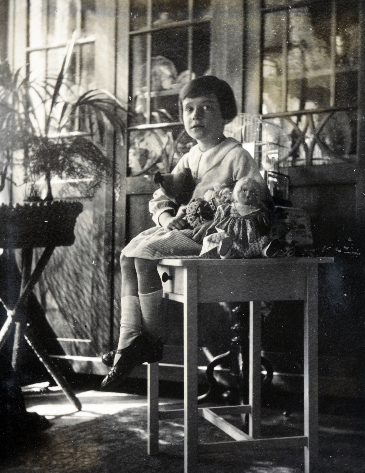 1932, Boda Balázs, indoor plants, teddy bear, sitting on a table, window, girl, toy doll, Fortepan #160393