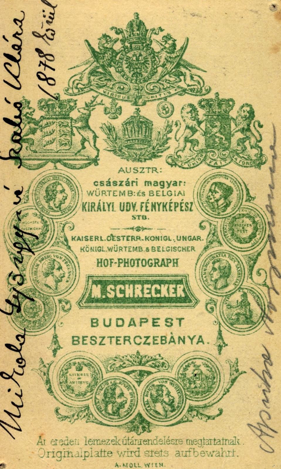 Magyarország,Szlovákia, Budapest,Besztercebánya, M. Schrecker fényképész., 1900, Földvári Mihály, hátlap, fényképész, műterem, Fortepan #161254
