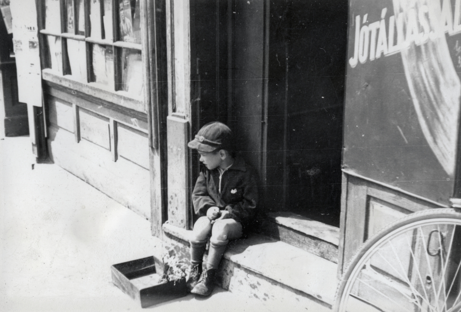 1956, Márk Iván, bouquet, kid, sitting on stairs, Fortepan #161362