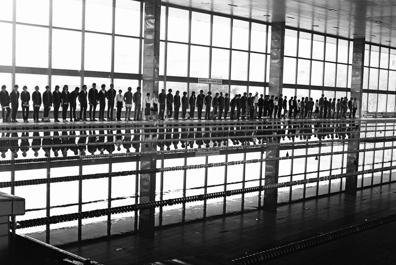 Hungary, Dunaújváros, Sportuszoda., 1982, MHSZ, swimming pool, starting block, water surface, Fortepan #16159