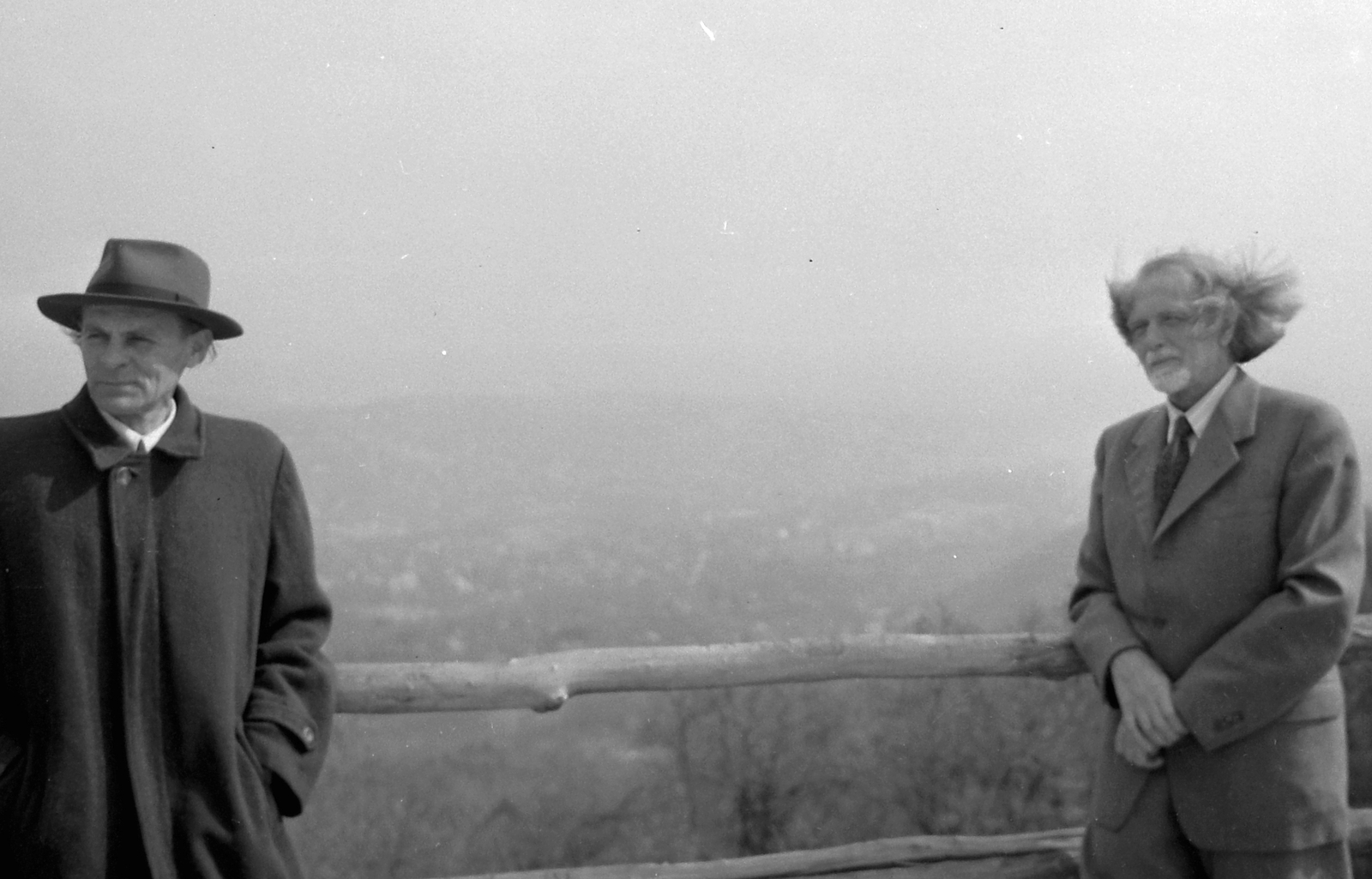 Magyarország, Budapest XII., Normafa, kilátás a Rózsadomb és a Hármashatár-hegy felé. Balra a ködbevesző Tündér szikla. Előtérben balra Igor Markevitch ukrán származású zeneszerző és karmester, mellette Kodály Zoltán., 1964, Kotnyek Antal, híres ember, Budapest, Fortepan #16225