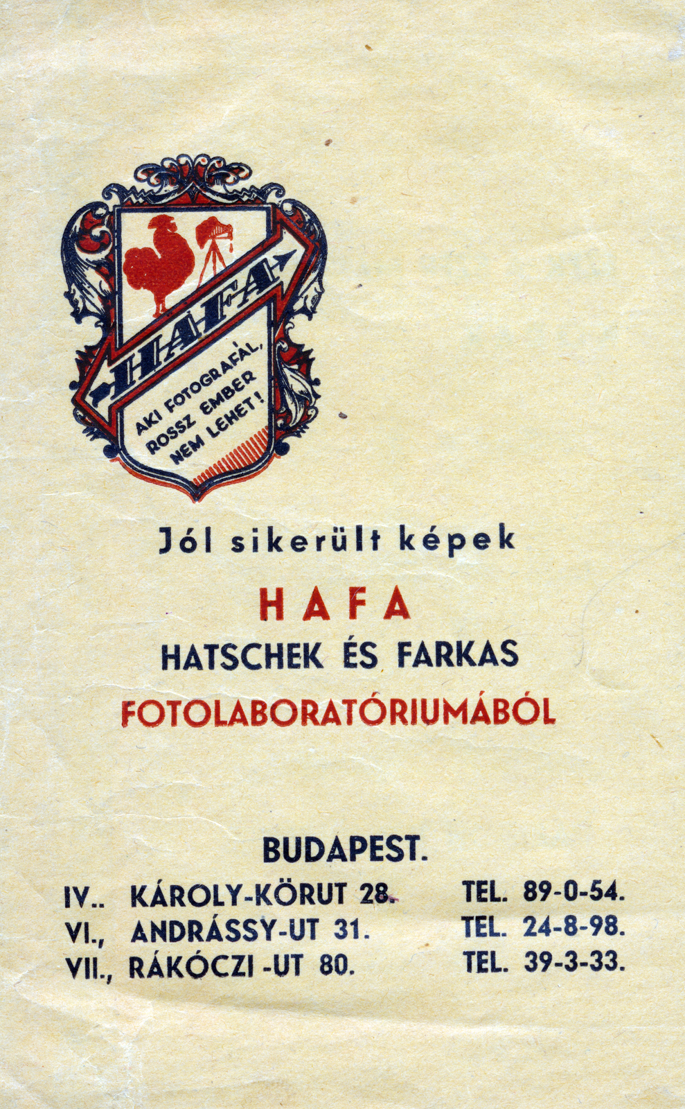 Magyarország, Budapest VII.,Budapest VI., Károly körút 28. / Andrássy út 31. / Rákóczi út 80., HAFA / Hatschek és Farkas filmlaboratóriuma., 1941, Gara család, hátlap, Budapest, színes, fotószaküzlet, Fortepan #162745