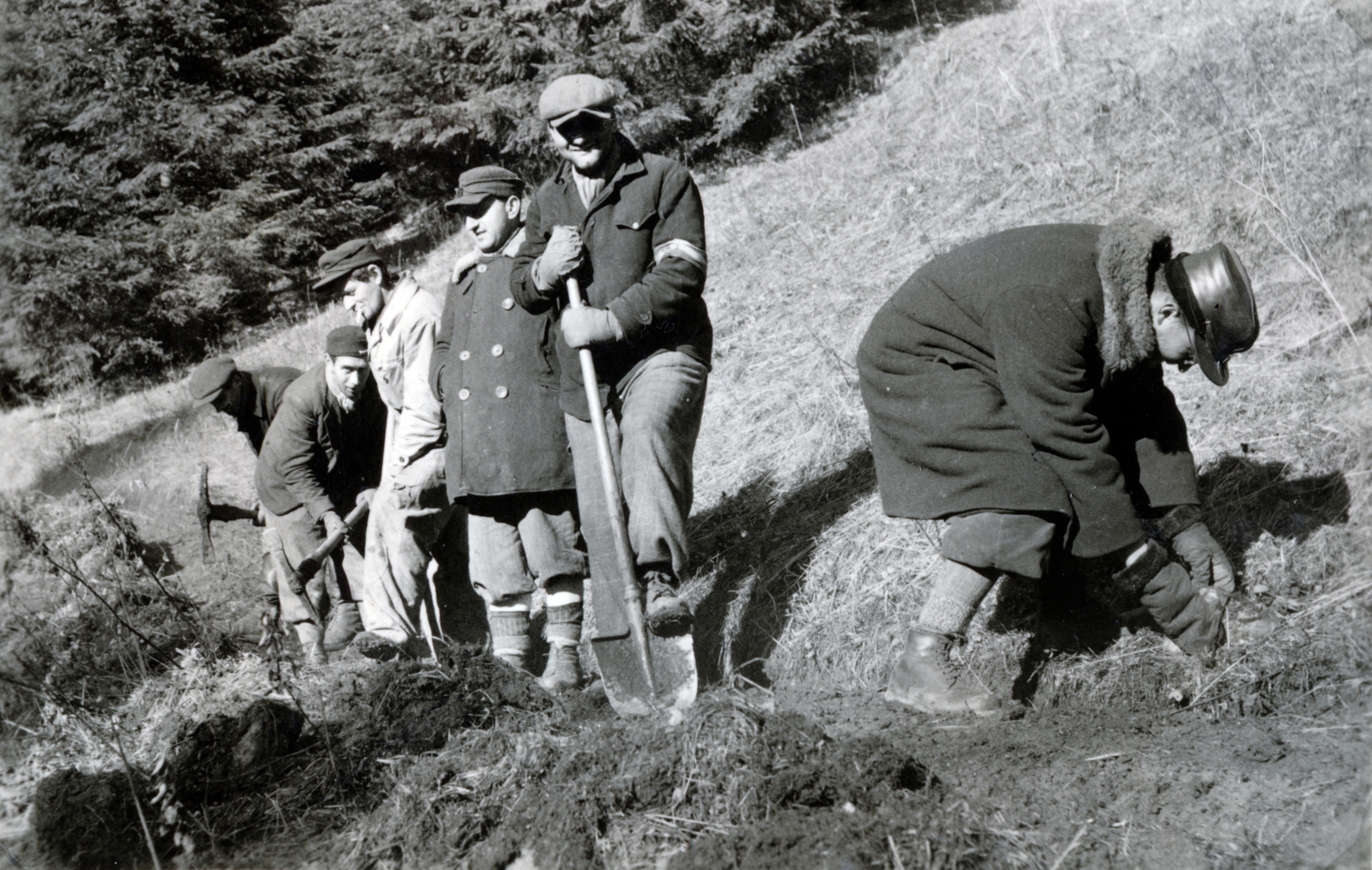 Románia,Erdély, hegyoldalban dolgozó munkaszolgálatosok a Cibó (Țibău) folyó völgyében., 1940, Szántó István dr., munkaszolgálatos, Fortepan #162919