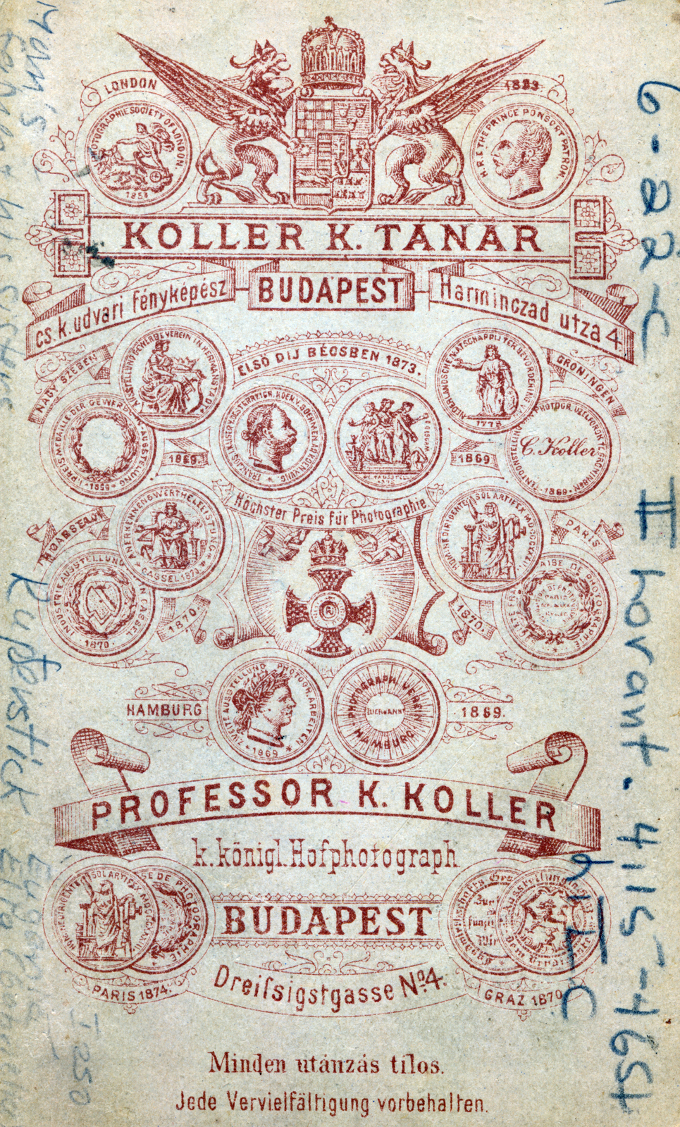 Magyarország, Budapest V., Harmincad utca 1., Koller Károly tanár, fényképész., 1900, Suzanne Lorant, hátlap, fényképész, műterem, Budapest, Fortepan #163660