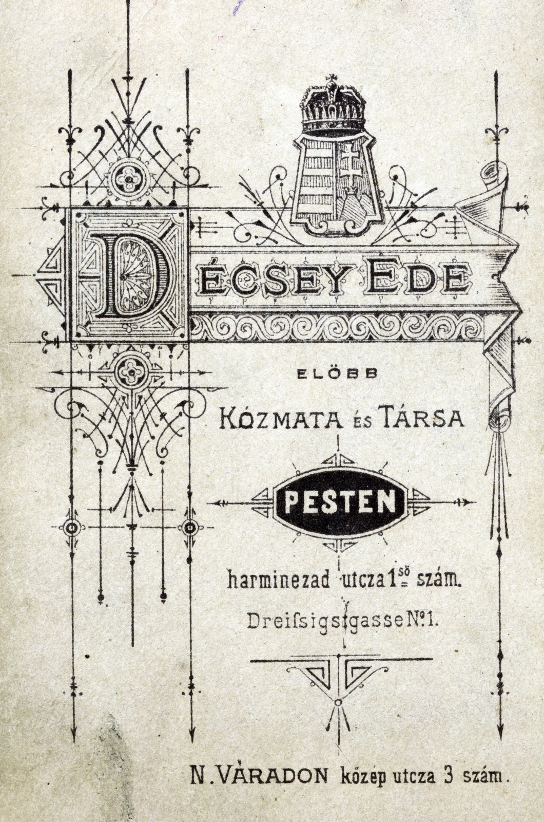 Magyarország,Románia,Erdély, Budapest V.,Nagyvárad, Harmincad utca 4. / Közép utca 3., Décsey Ede fényképész. Előbb Kózmata és Társa műterme., 1900, Suzanne Lorant, hátlap, fényképész, műterem, Budapest, Fortepan #163677