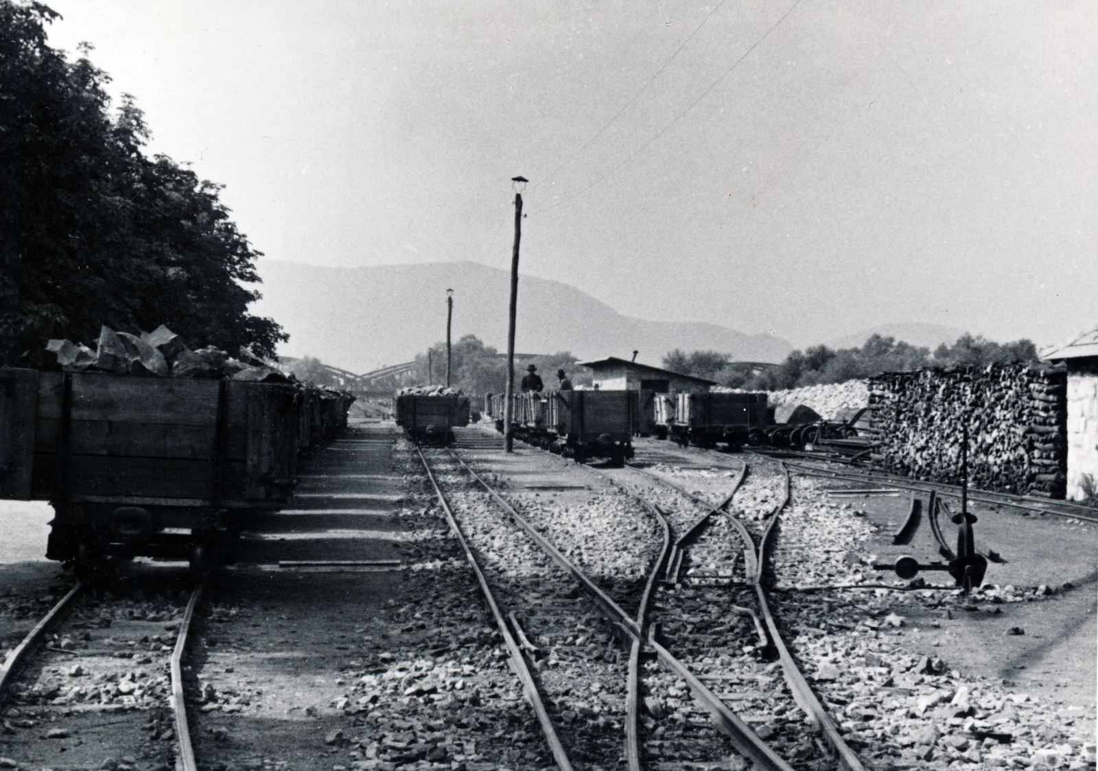 Hungary, Szob, kőszállító vasúti kocsik a Szobi Gazdasági Vasút állomásán. A távolban az Ipoly folyó feletti vasúti híd látszik., 1935, Fadgyas Bence, rail, railway bridge, Fortepan #163909