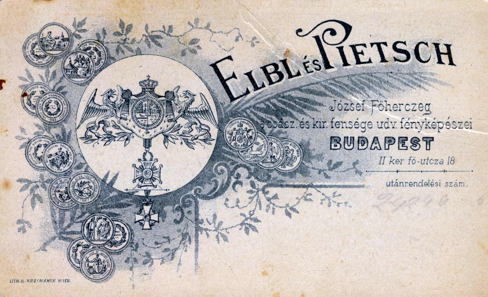 Magyarország, Budapest I., Fő utca 18., Elbl és Pietsch fényképészek., 1903, Artkraft, műterem, hátlap, fényképész, Budapest, Fortepan #164072
