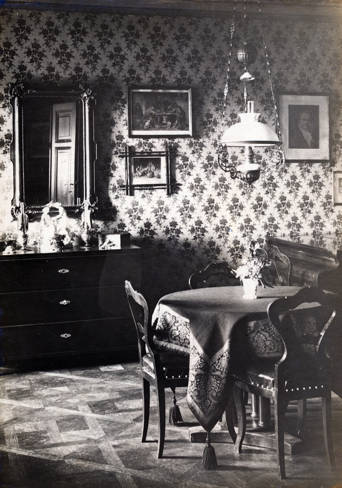 1907, Artkraft, bútor, enteriőr, zongora, tükör, komód, szék, falikép, tapéta, függőlámpa, Fortepan #164144