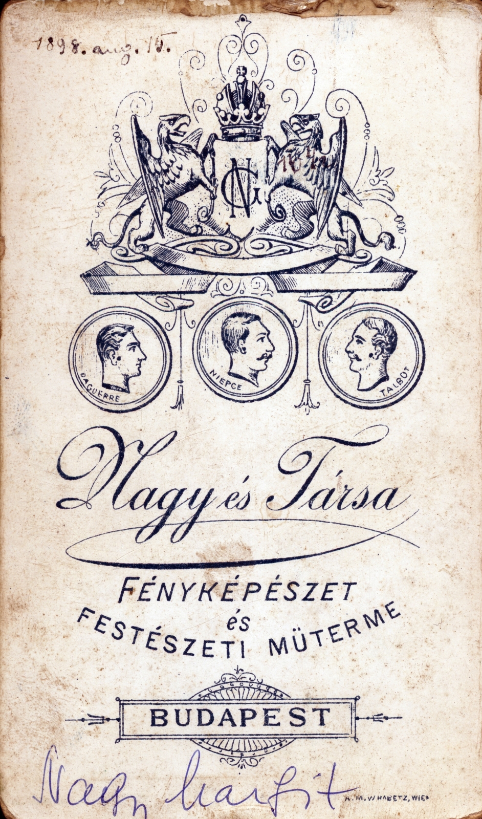Magyarország, Budapest, Nagy és Társa fényképészeti és festészeti műterme., 1900, Balázs István, fényképész, hátlap, műterem, Fortepan #165093