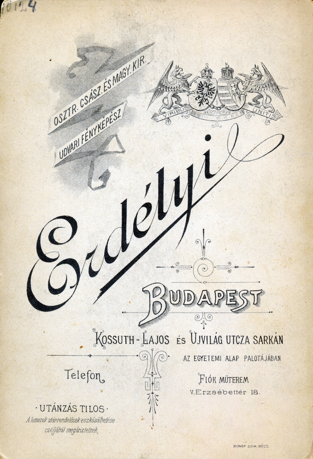Hungary, Budapest V., Semmelweis (Újvilág) utca 2., Erdélyi fényképész. Erzsébet tér 18., fiók műterem., 1905, Makk Judit, verso, photographer, studio, Budapest, Fortepan #165305