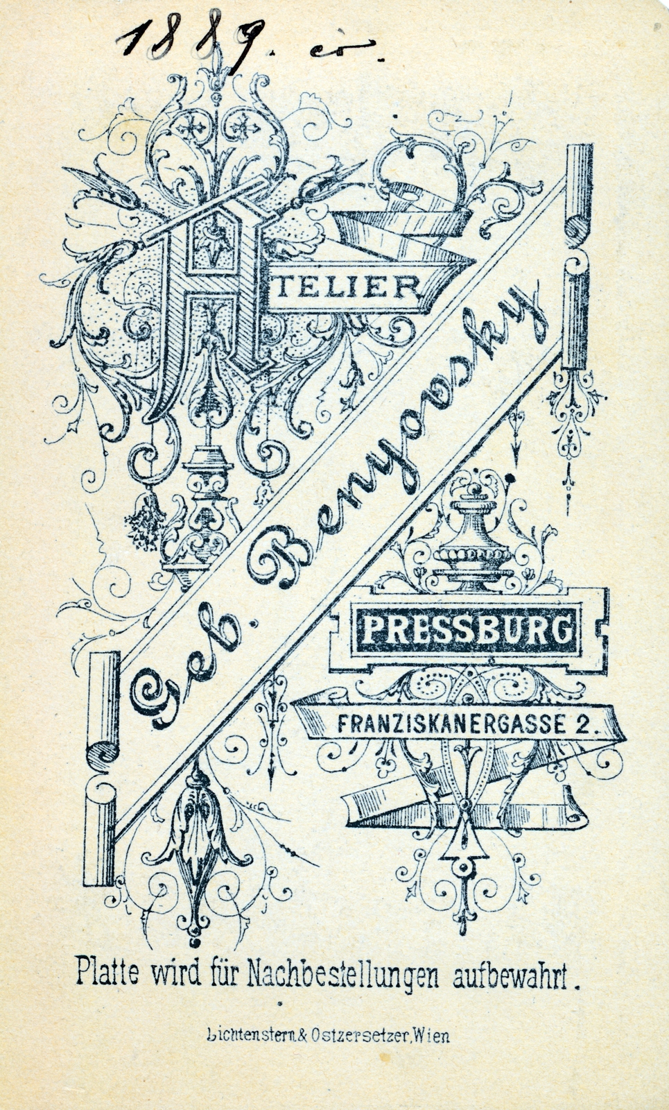 Slovakia, Bratislava, Barát utca 2., Benyovszky fényképész. A felvétel 1889-ben készült., 1900, Bősze Ádám, studio, photographer, verso, Fortepan #170013