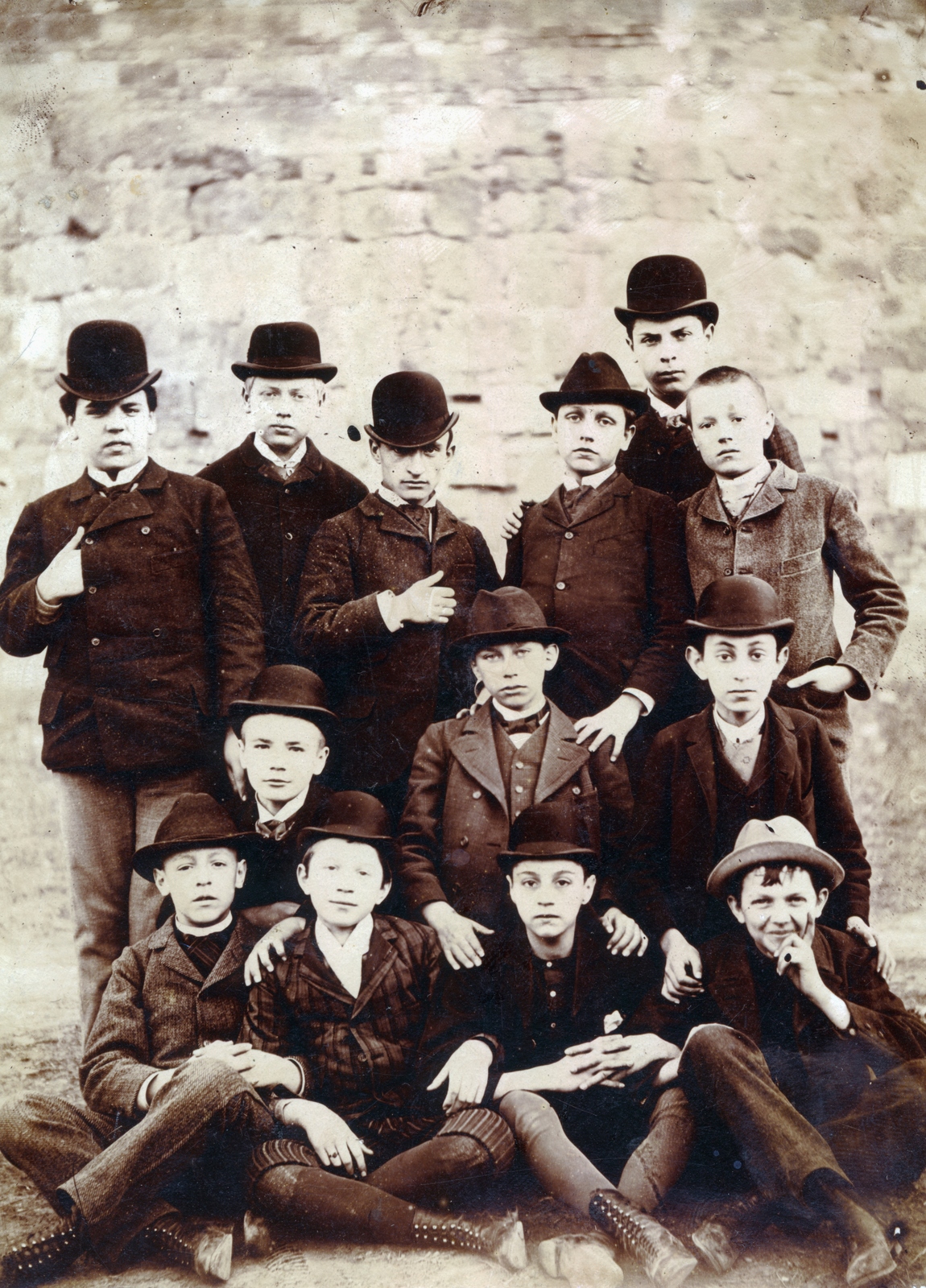 1909, Bősze Ádám, bowler hat, student, tableau, Fortepan #170016