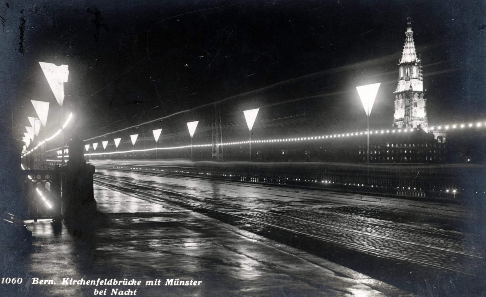 Svájc, Bern, a Kirchenfeldbrücke az Aare folyó felett. Jobbra a Münster-székesegyház., 1931, Bősze Ádám, díszkivilágítás, Fortepan #170021