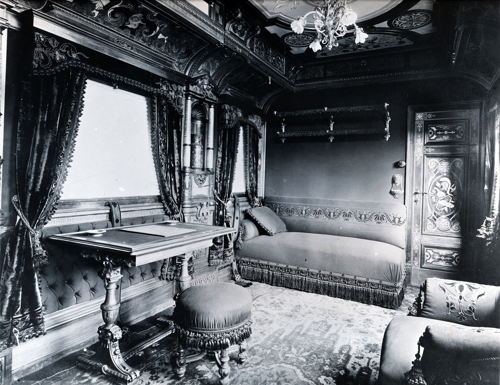 1906, Villányi György, interior, coach, curtain, Fortepan #170310