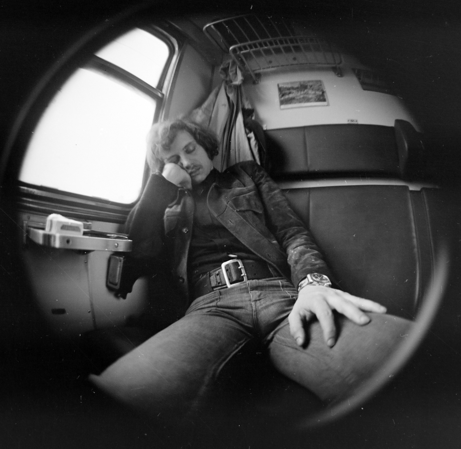 1975, Péterffy István, sleeping, fisheye lens, prop up the head, coach, Best of, Fortepan #170771