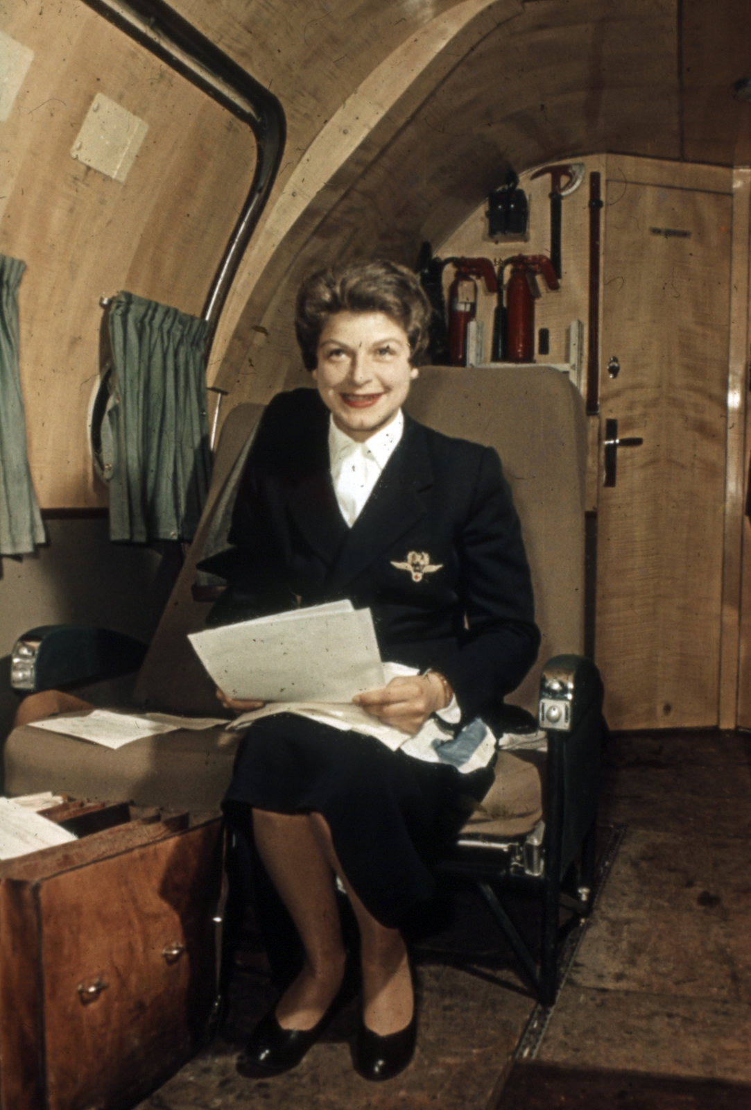 1956, Sárosi Imre, színes, repülőgép, egyenruha, stewardess, Fortepan #171024