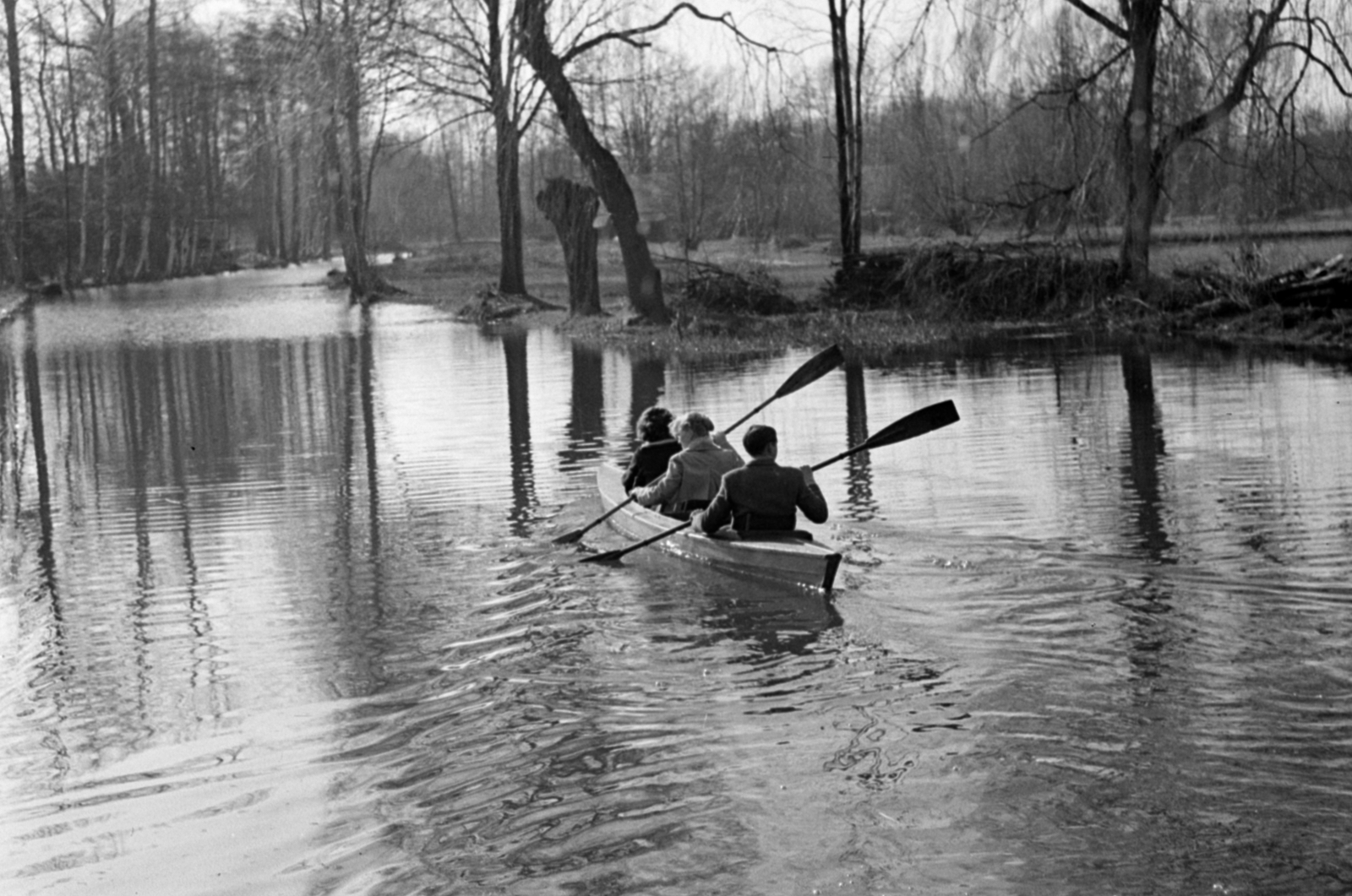 Germany, Lübbenau-Lehde, Spreewald., 1957, Sattler Katalin, GDR, shore, paddling, boat, stream, Fortepan #171230