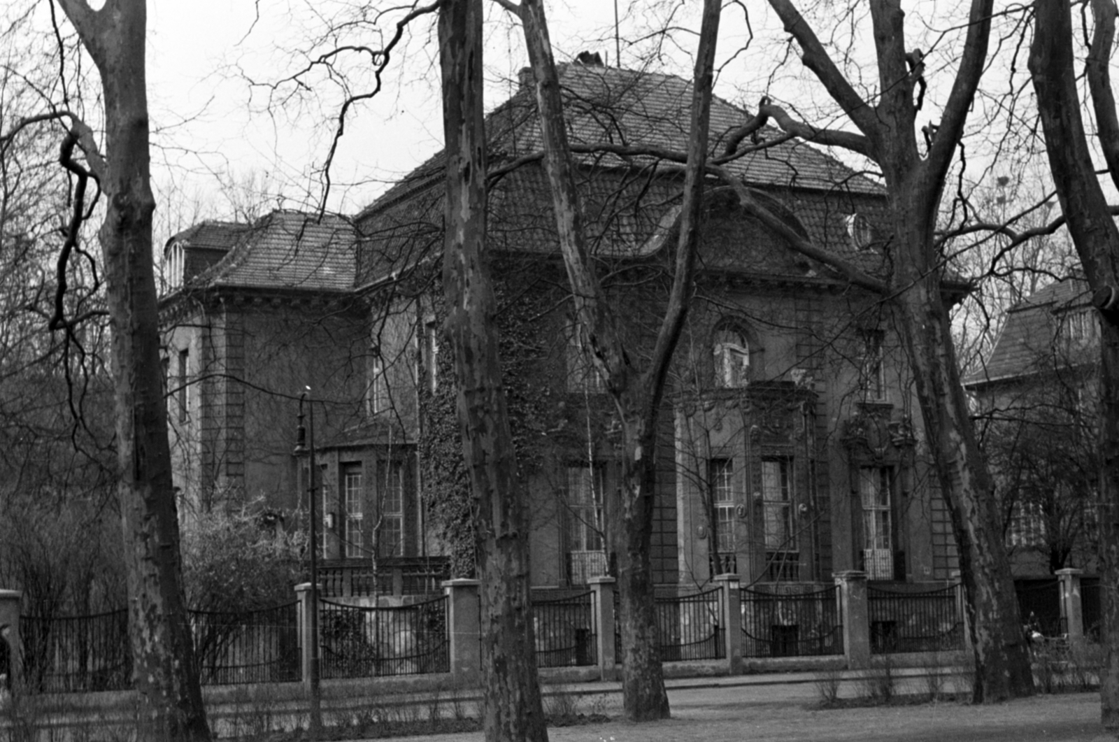 Germany, Berlin, (Kelet-Berlin), Puschkinallee 48., Peters Villa. A kép jobb szélén látható Puschkinallee 49. számban volt ekkor a magyar diplomáciai képviselet.

, 1957, Sattler Katalin, GDR, East-Berlin, Fortepan #171249