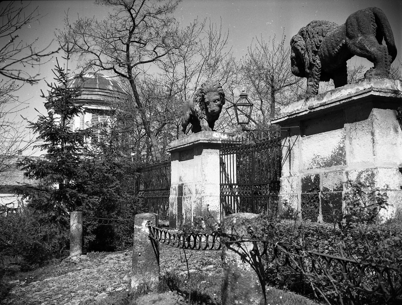 Hungary, Gyöngyös, Kossuth Lajos utca, az Orczy-kastély kertjébe nyíló kapu, pillérein kőoroszlánokkal. Háttérben a Mátrai utcai sarkon álló gloriett., 1942, Ormos Imre Alapítvány, Ormos Imre, Fortepan #173133