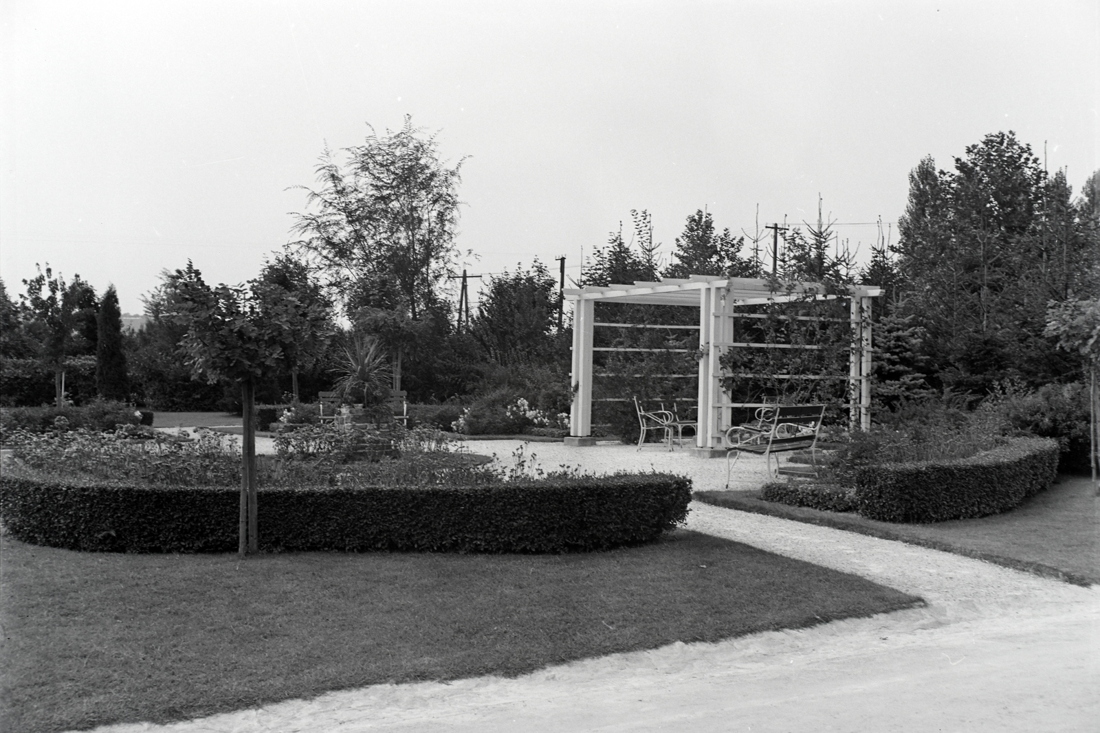Hungary, Hévíz, Ady Endre utca 31., a Zrínyi Miklós Magyar Királyi Honvéd Tiszti Gyógyház parkja (később a Honvédkórház Hévízi Rehabilitációs Intézete)., 1940, Ormos Imre Alapítvány, Ormos Imre, garden trellises, Fortepan #173375