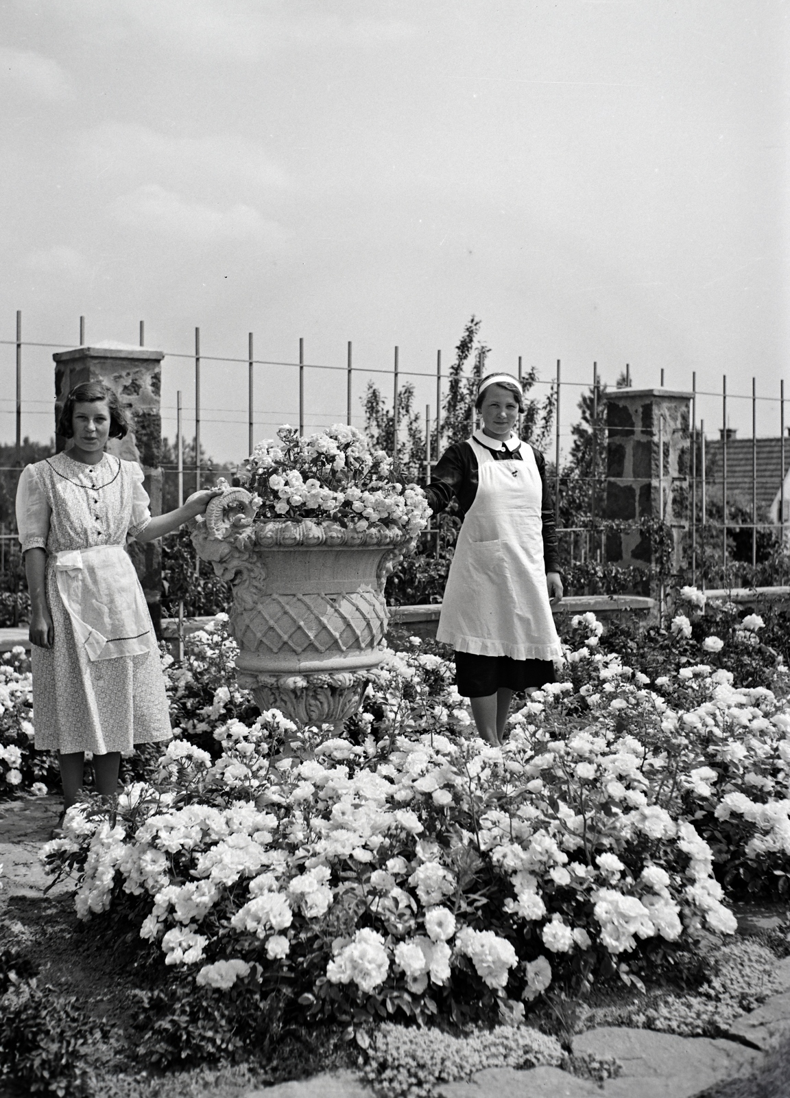 Hungary, Balatonakarattya, a felvétel a Hosszúmező utca és a Csaba utca sarkán álló nyaraló kertjében készült., 1938, Ormos Imre Alapítvány, Ormos Imre, flower, apron, servant, Fortepan #173399