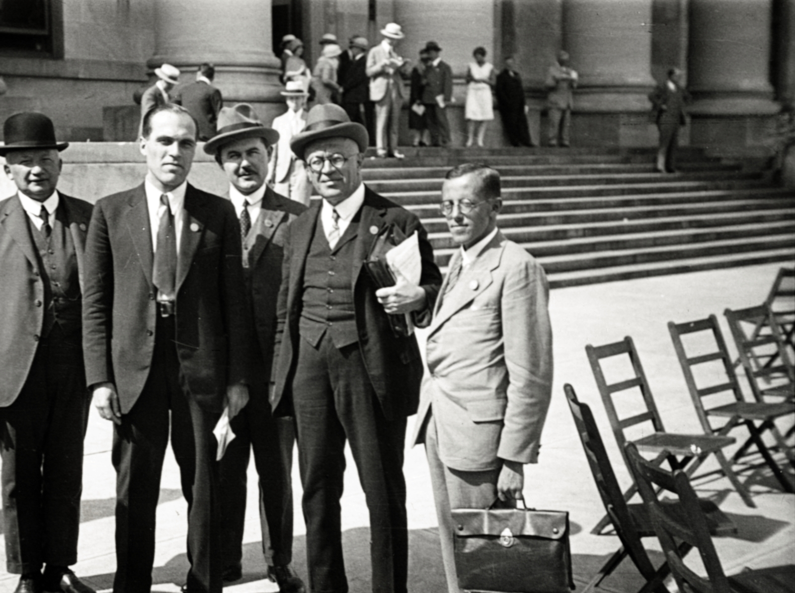 1929, Aszódi Zoltán, glasses, folding chair, vest, tie, hat, briefcase, suit, Fortepan #174052