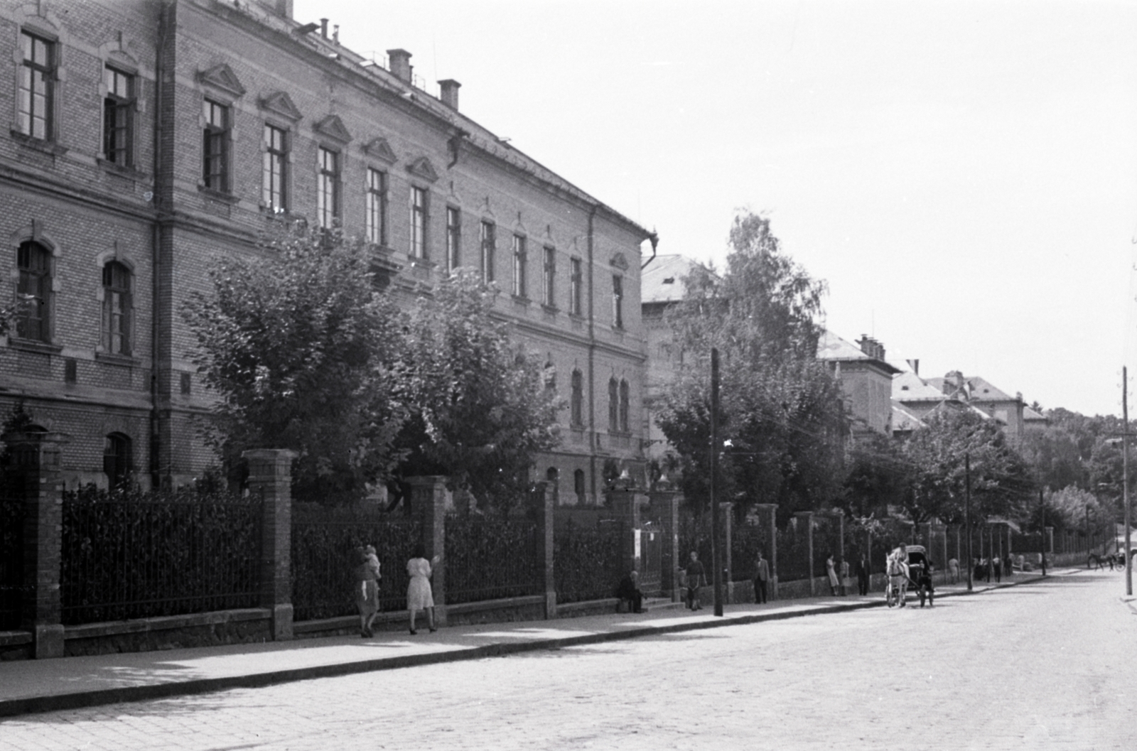 Romania,Transylvania, Cluj-Napoca, Mikó utca (strada Clinicilor) a Béke tér (Piata Lucian Blaga) felől nézve, szemben az orvosegyetem épületei, balra az Élettani tanszék., 1941, Aszódi Zoltán, Fortepan #174078