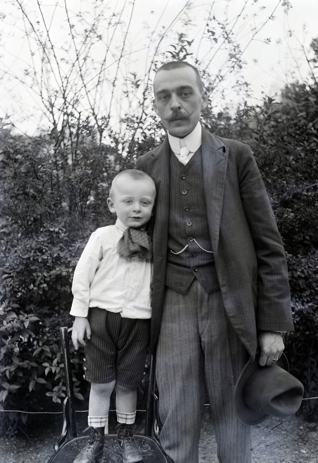 1911, Ladinek Viktor, hat in hand, standing on a chair, watch chain, kid, Fortepan #174438