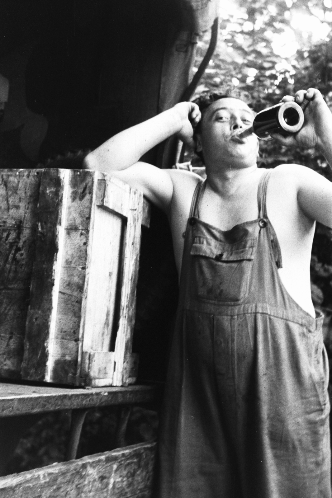 1969, Chuckyeager tumblr, working clothes, prop up on elbows, drinking, Fortepan #175414