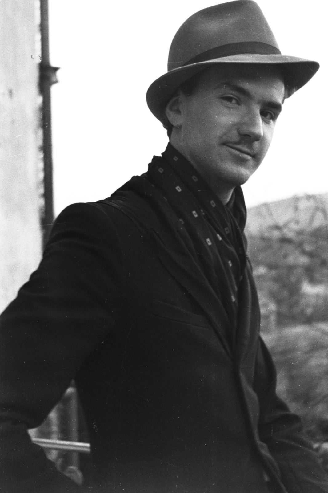 1954, Chuckyeager tumblr, hat, youth, man, moustache, portrait, jacket, neck scarf, Fortepan #176084