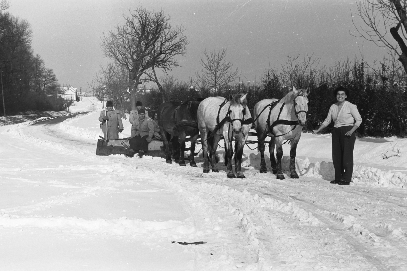 Hungary, Sopron, Egeredi út, a felvétel a Harkai út torkolatánál készült., 1958, Chuckyeager tumblr, winter, snow, snow plough, four-in-hand, Fortepan #176391