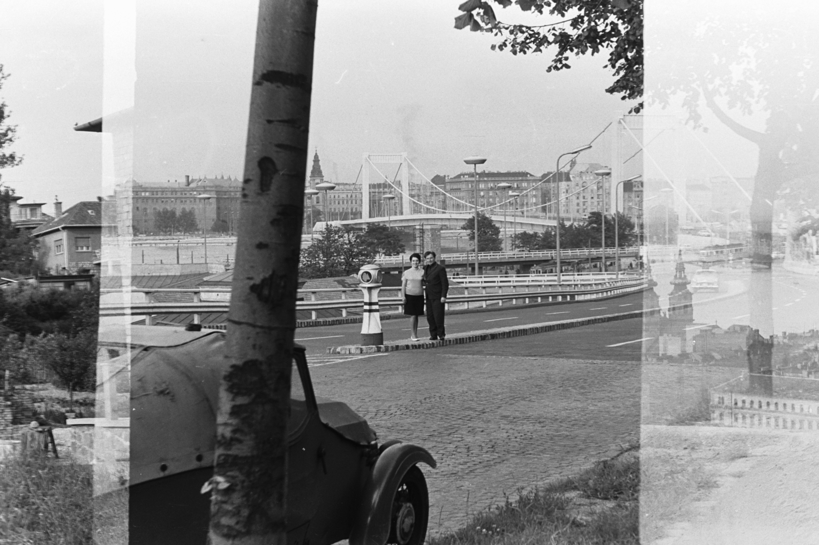 Hungary, Budapest I., a Hegyalja út a Rác fürdőnél, háttérben az Erzsébet híd., 1965, Chuckyeager tumblr, Velorex-brand, Budapest, Fortepan #176503