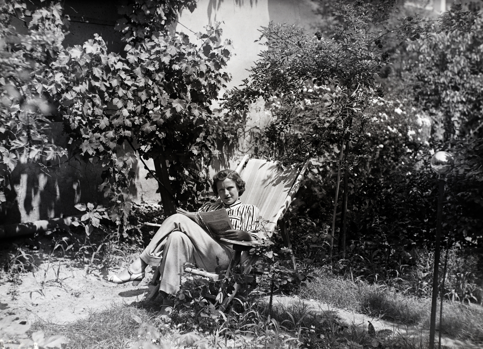 Hungary, Szörényi Éva színésznő., 1937, Bojár Sándor, hairdo, reading, celebrity, garden, deck chair, Fortepan #177090