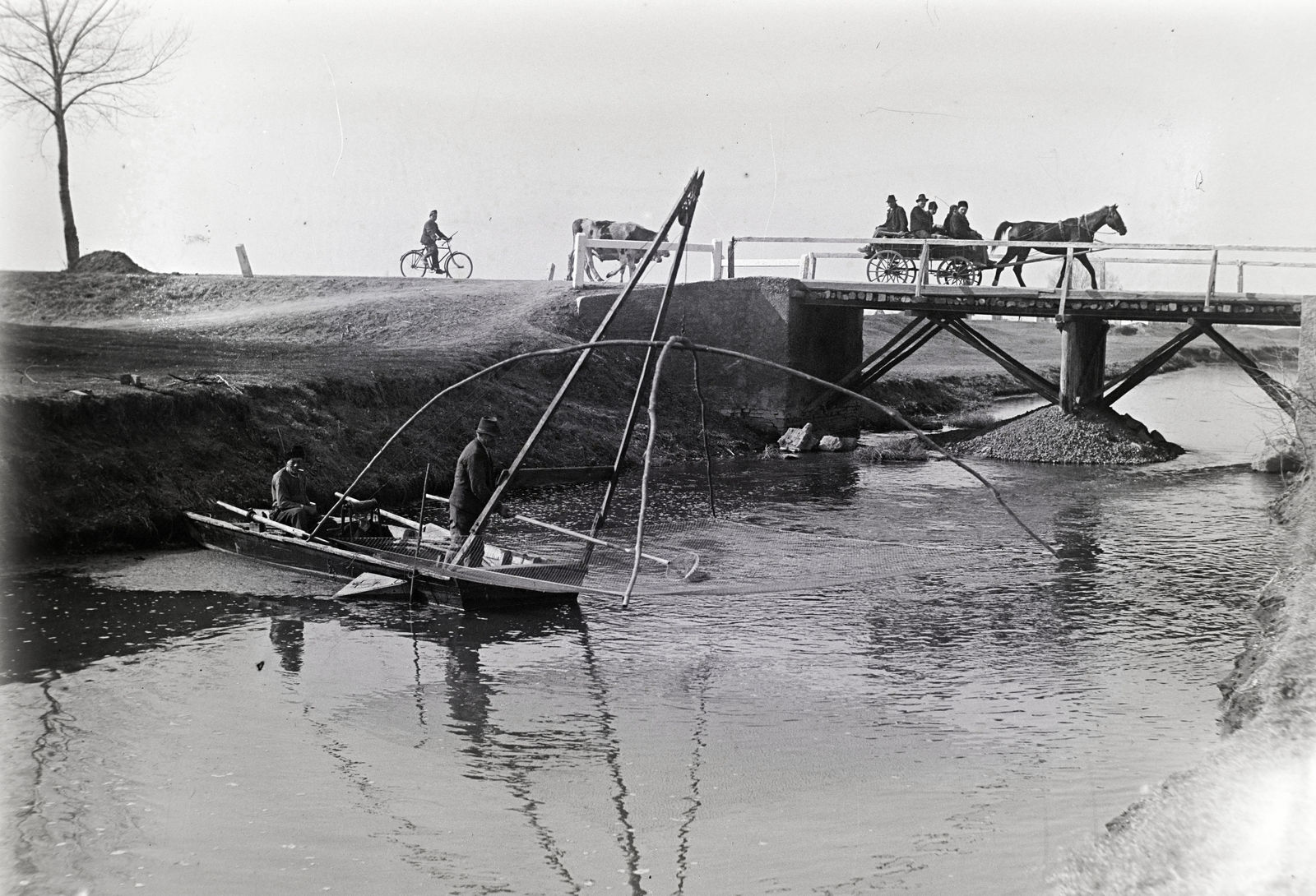 1939, Bojár Sándor, fishing, dragnet, boat, bridge, Fortepan #177283