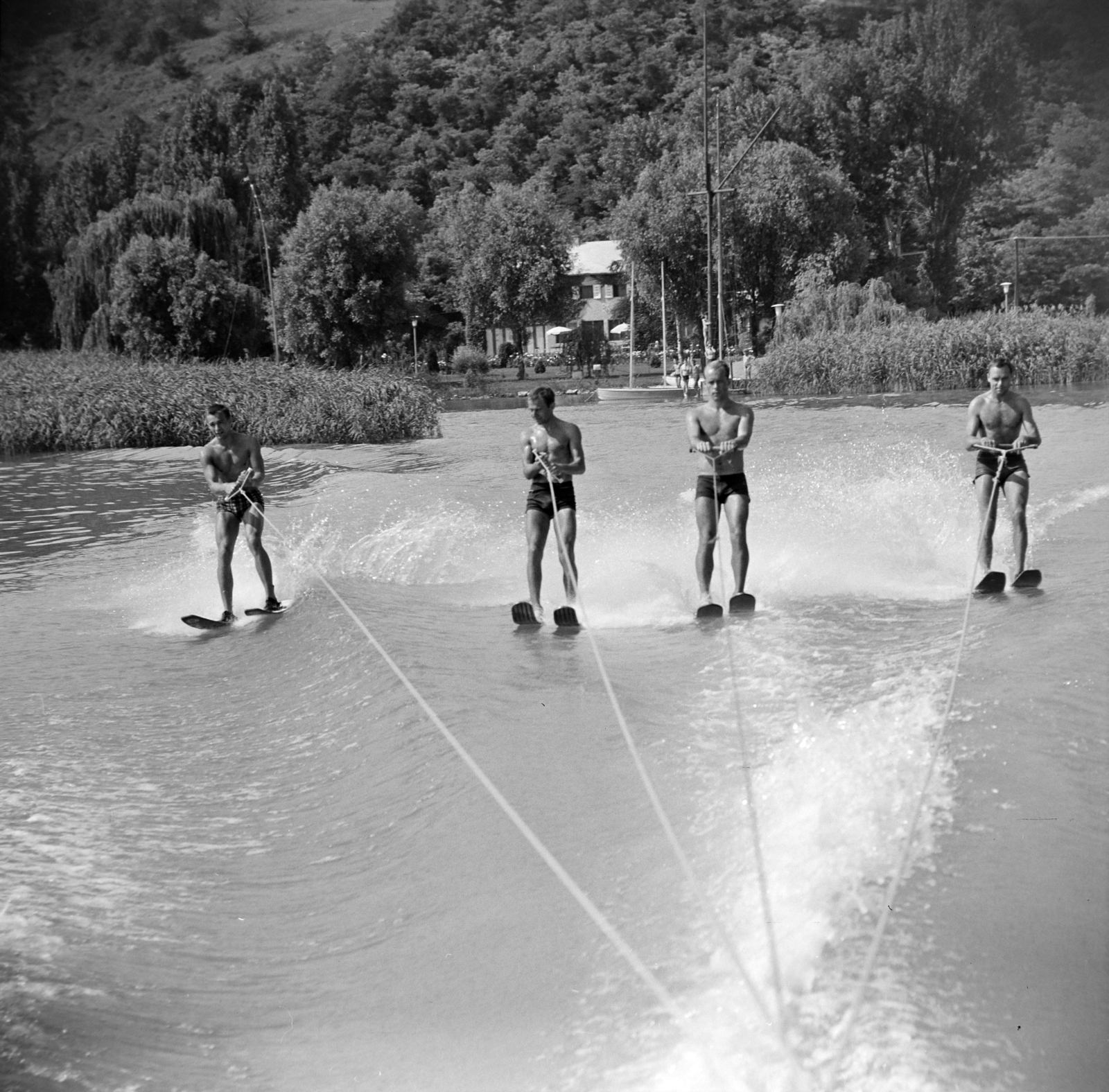 Hungary,Lake Balaton, Tihany, vízisízők a vitorláskikötőnél., 1965, Bojár Sándor, water ski, water sports, Fortepan #177485