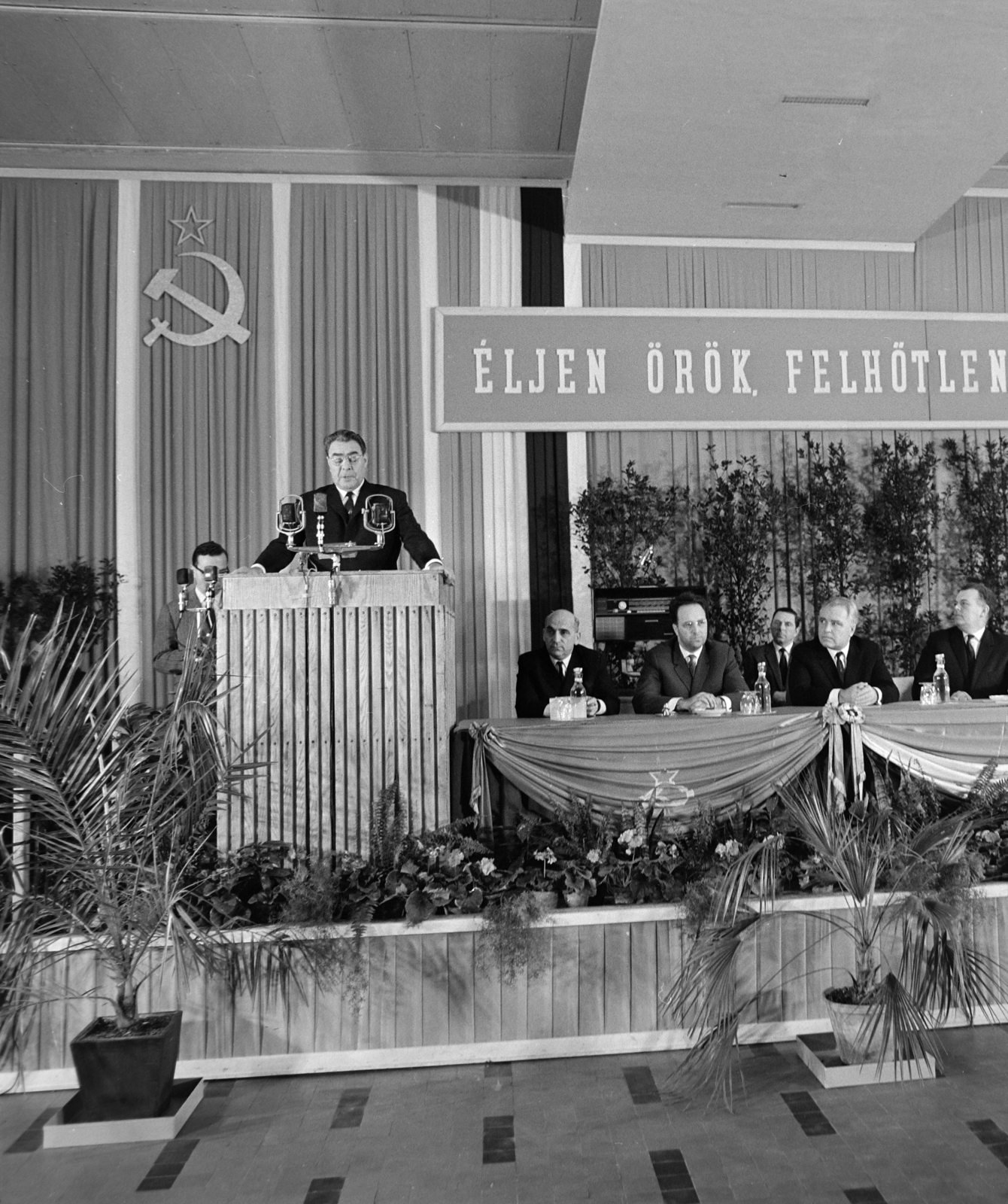 Hungary, Budapest XI., Fehérvári út 70., Beloiannisz Híradástechnikai Gyár (BHG), Leonyid Iljics Brezsnyev, az SZKP főtitkárának látogatása 1966 december 1-én., 1966, Bojár Sándor, Budapest, political decoration, Fortepan #177781