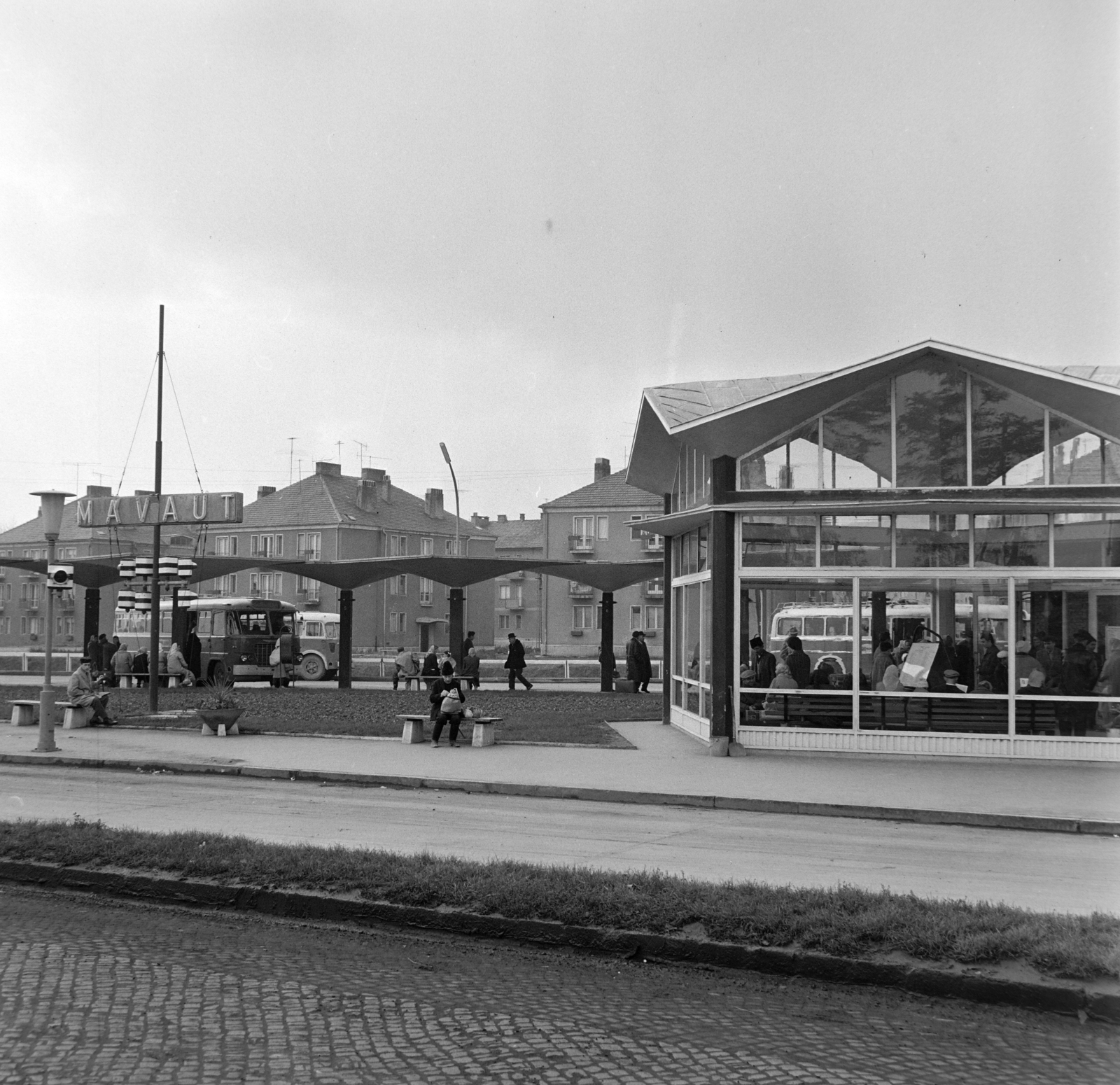 Hungary, Szekszárd, Pollack Mihály utca, autóbusz-pályaudvar., 1964, Bojár Sándor, bus stop, Fortepan #178021