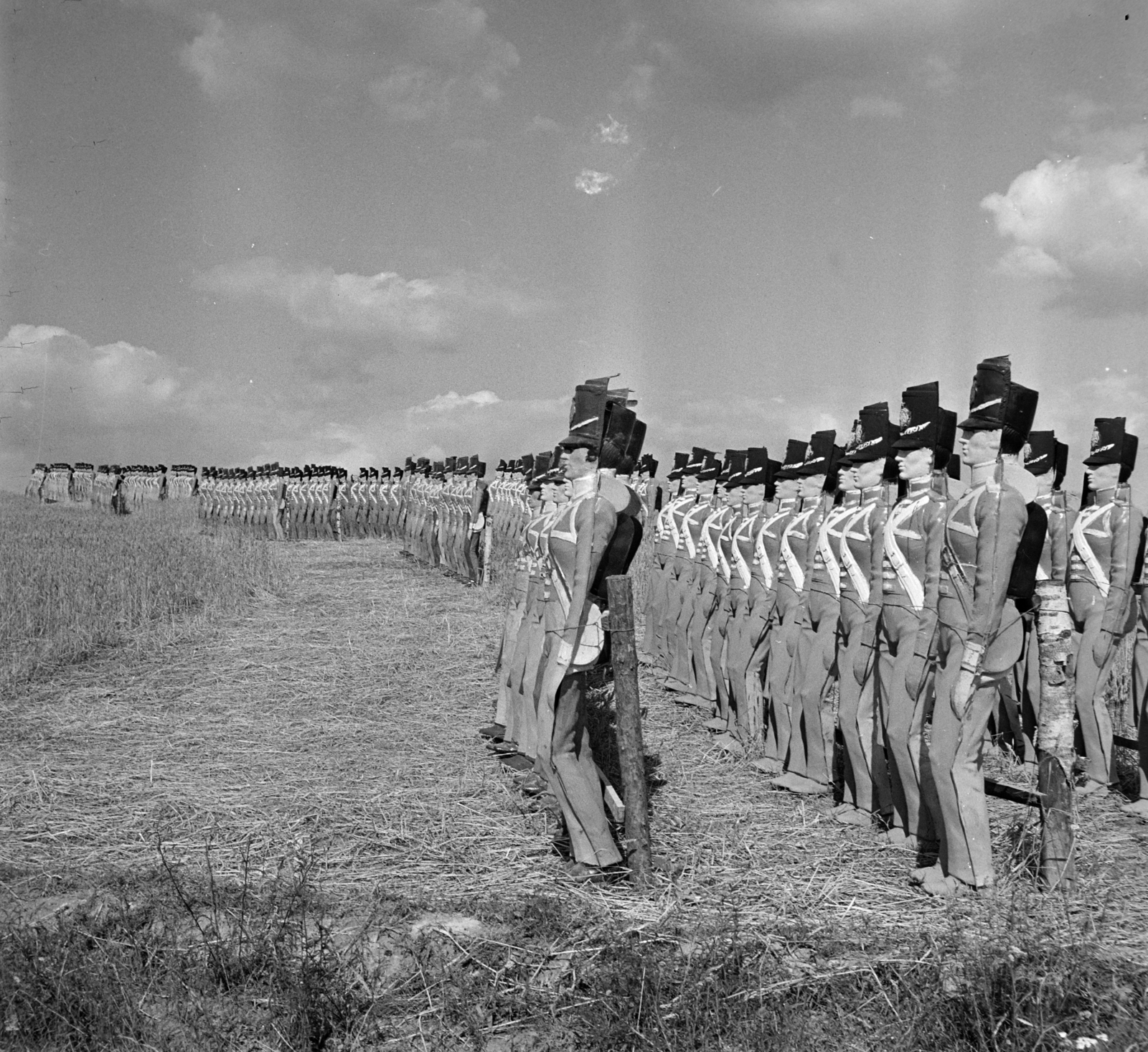 Ukrajna, Szerednye, Szergej Bondarcsuk szovjet filmrendező Waterloo című filmjének forgatási helyszíne., 1969, Bojár Sándor, filmforgatás, brit katona, bábu, jelmez, libasor, replika, Fortepan #178448