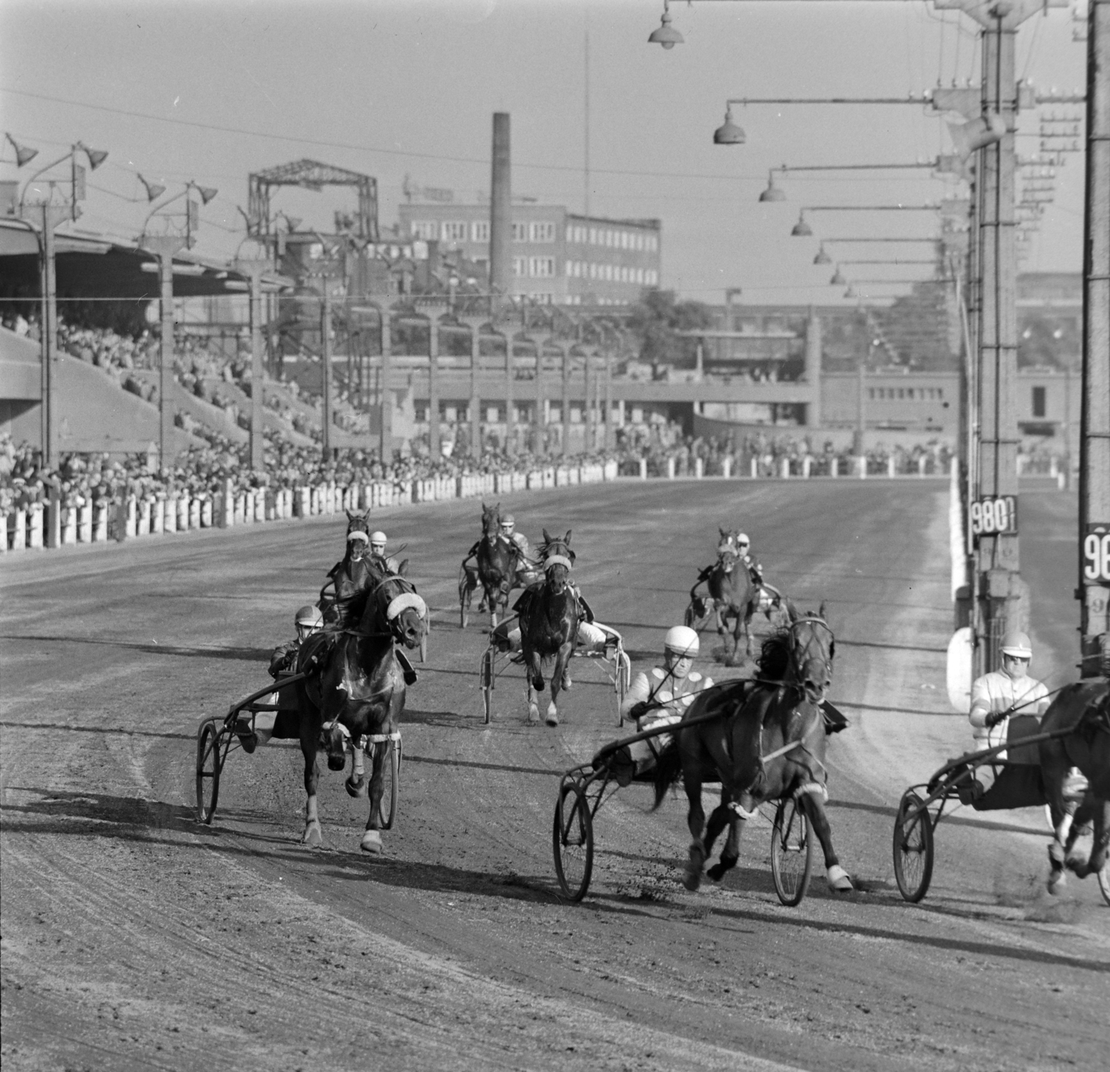 Hungary, Budapest VIII., Kerepesi úti Ügetőpálya, befutóegyenes., 1967, Bojár Sándor, horse race, Budapest, Fortepan #178467