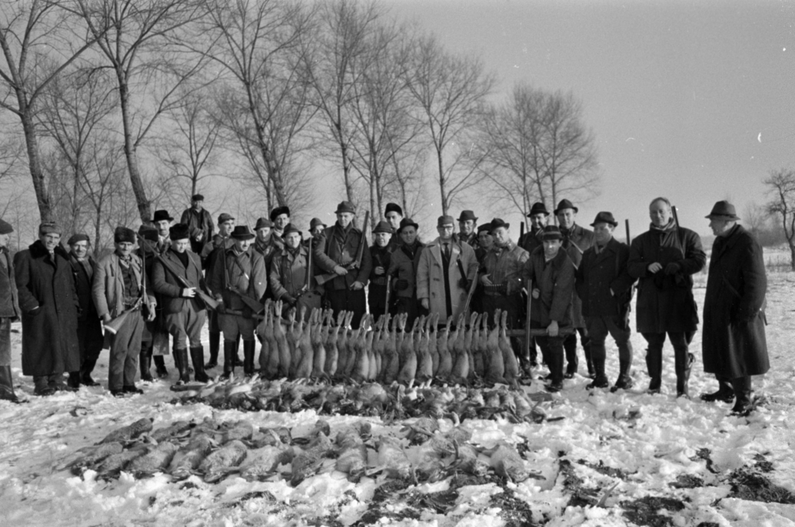Hungary, Alsónémedi, a felvétel a Külkereskedelmi Minisztérium vadásztársaságának körvadászatán készült., 1967, Bojár Sándor, winter, snow, hunter, hunting, gun, Fortepan #179260