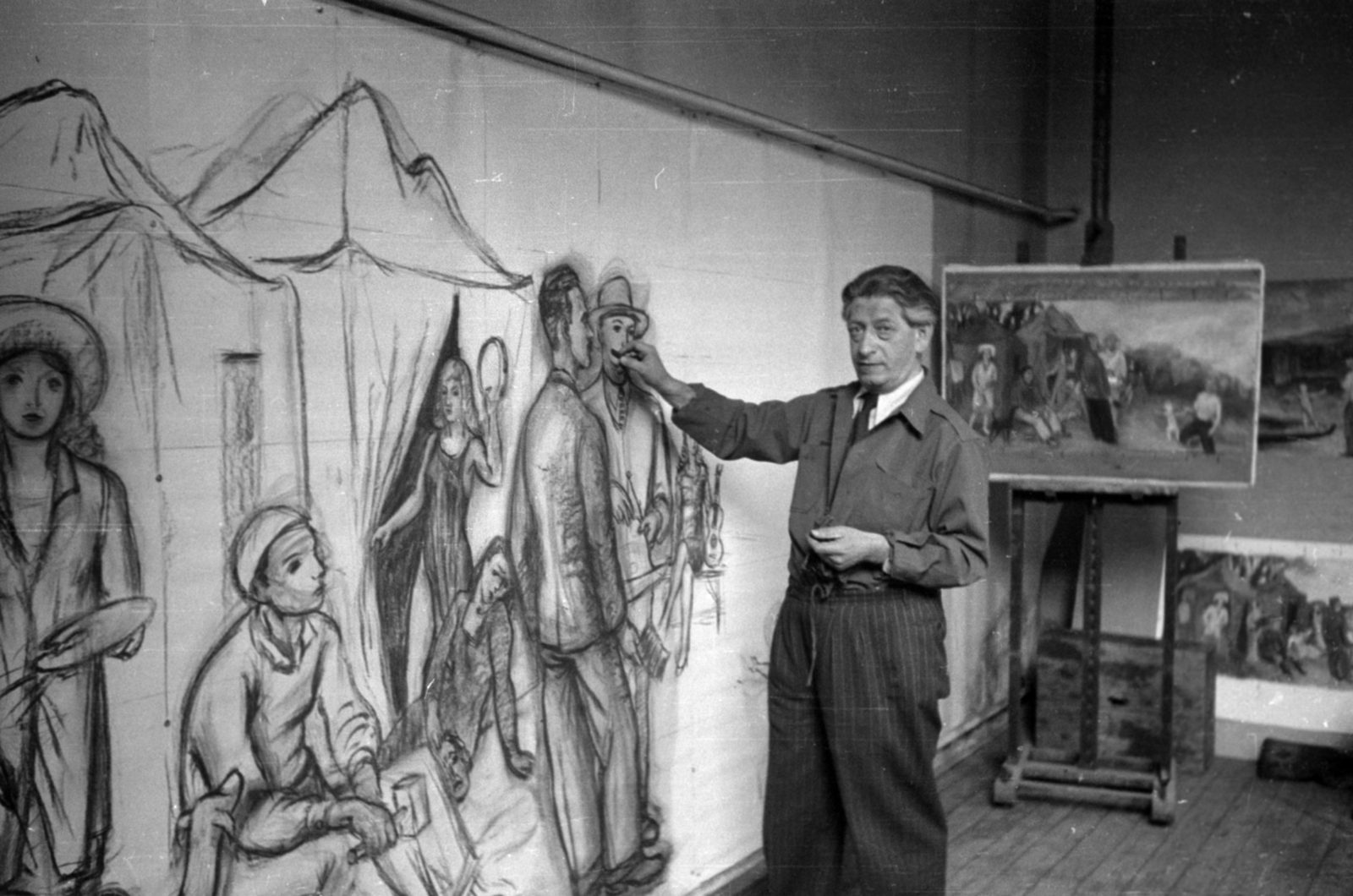 Hungary, Budapest XII., Városmajor utca 36., Berény Róbert festőművész a műtermében egy falikép tervét készíti kartonra., 1950, Bojár Sándor, Budapest, studio, celebrity, painter, Fortepan #179298